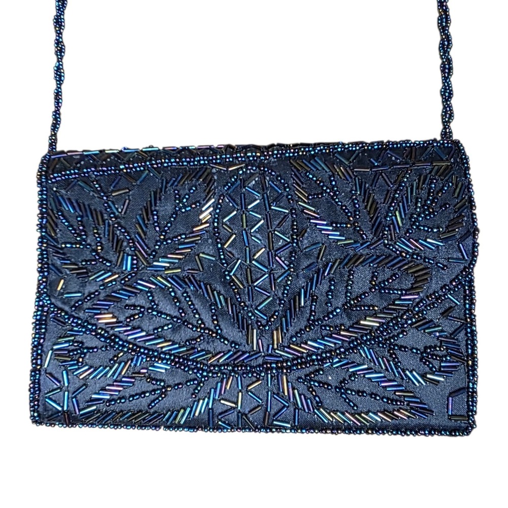 Vintage Bijoux Terner Blue Beaded Evening Bag Art Deco Shoulder Clutch Purse